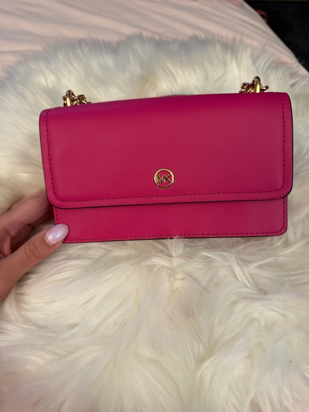 Michael Kors Fuchsia Leather Crossbody with Gold Chain
